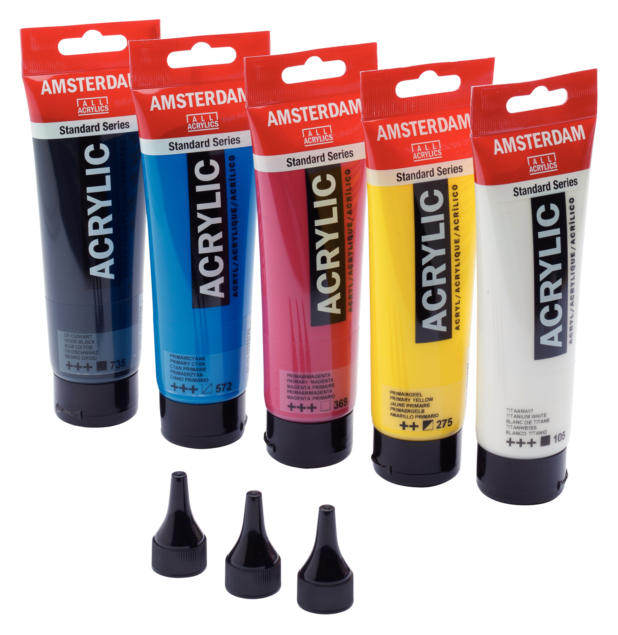 Amsterdam Standard Series acrylic paint primary set 5 x 120ml + 3 dosing nozzles