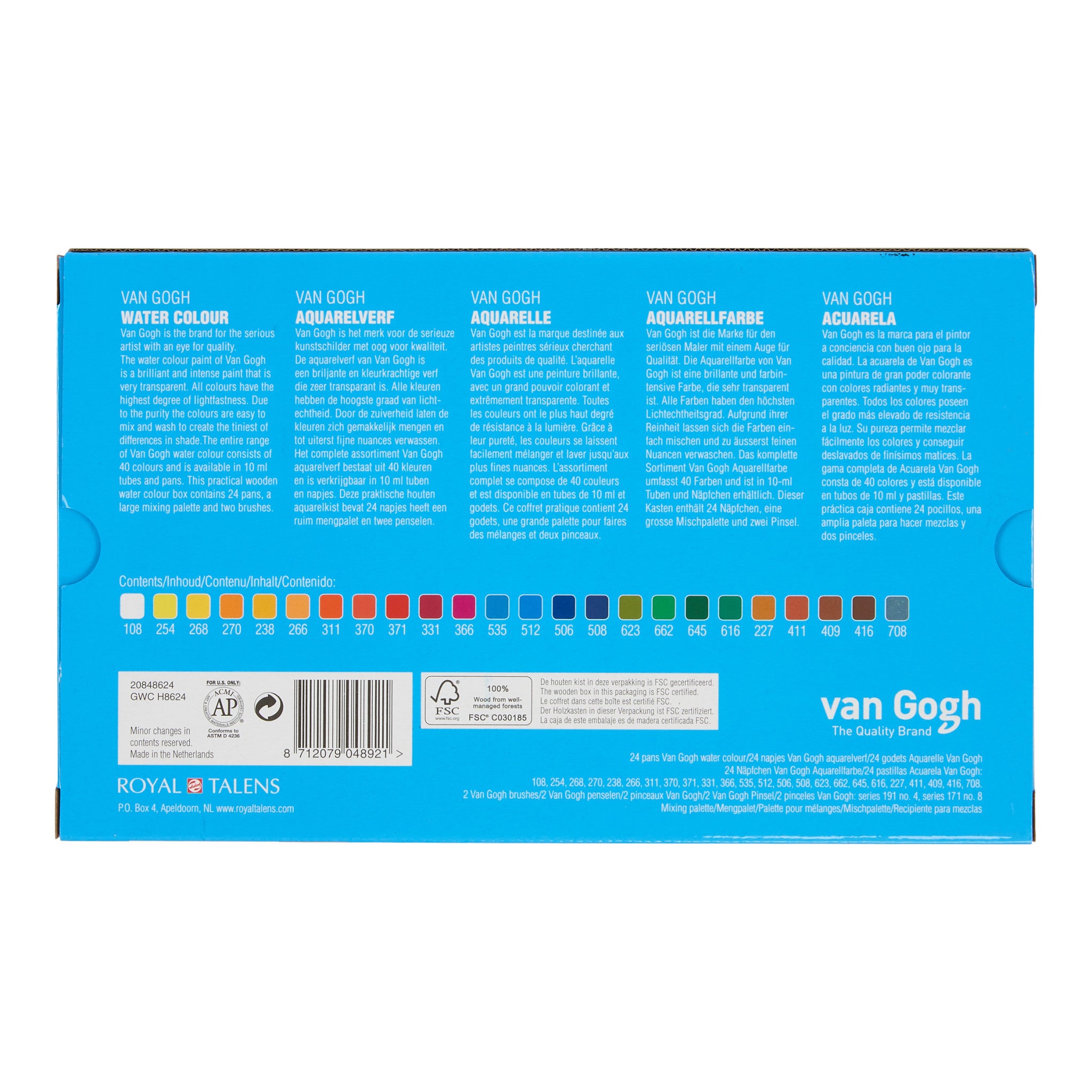 Aquarelverf set in kist met 24 kleuren in halve napjes + 3 accessoires